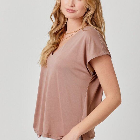 MYSTREE Mauve V-Neck Blouse Top, Soft Stretchy Short Sleeve Basic Tee Minimalist - Picture 2 of 4